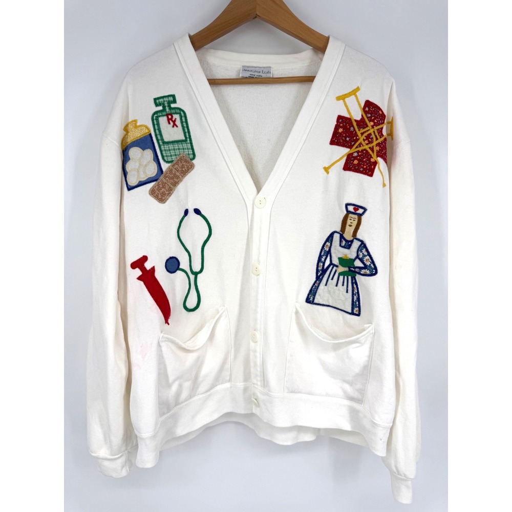 Vintage 90s Sweater Loft Women XL* Fleece Cardigan School Nurse Novelty Retro